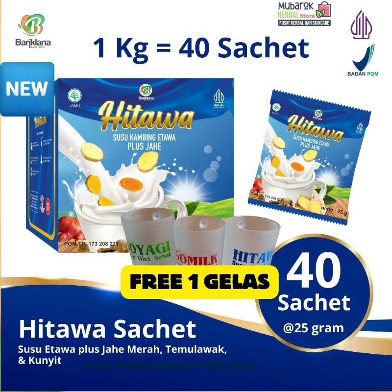 

HITAWA Sachet 1 Box isi 40 sachet Susu Etawa Jahe Baik untuk Nyeri Sendi Asam Urat Gratis 1 Gelas