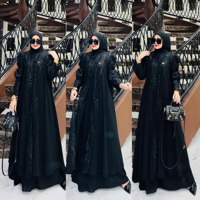 Safira set outer gamis hitam ceruty mix tulle set inner outer