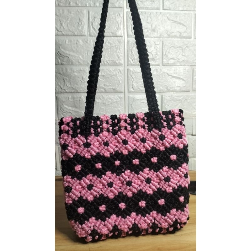 Tas rajut tali kur Pink dan Hitam