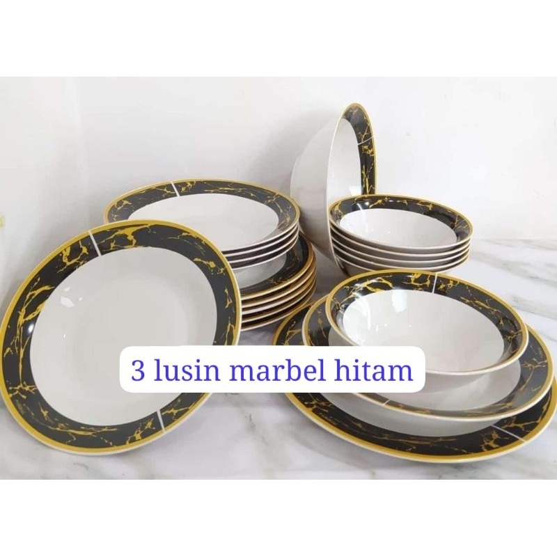 Paket piring mangkuk keramik marble hitam 3 lusin