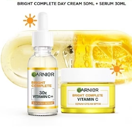 GARNIER BRIGHT COMPLETE SERUM BOOSTER VITAMIN C 30ml + DAY CREAM (siang) & Cream Night  (MALAM) 50ml