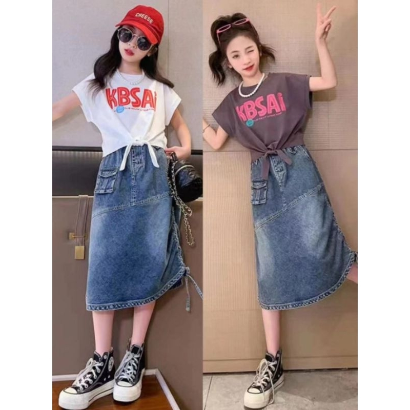 Setelan Rok Jeans Serut import Anak Perempuan, Setelan Rok Jeans Cargo Serut , Setelan Rok Cargo Ana