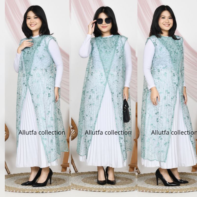 outer cardigan Gamis silang Brokat Tile Mewah Baju Kondangan Wanita tanpa lengan motip random
