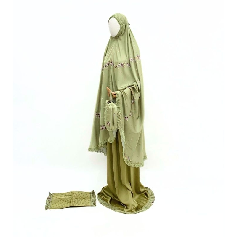 READY STOCK | MUKENA PREMIUM SILK SYARI UMROH HAJI SESERAHAN AMEENA SERIES LIME ORI ROYALE PREMIUM