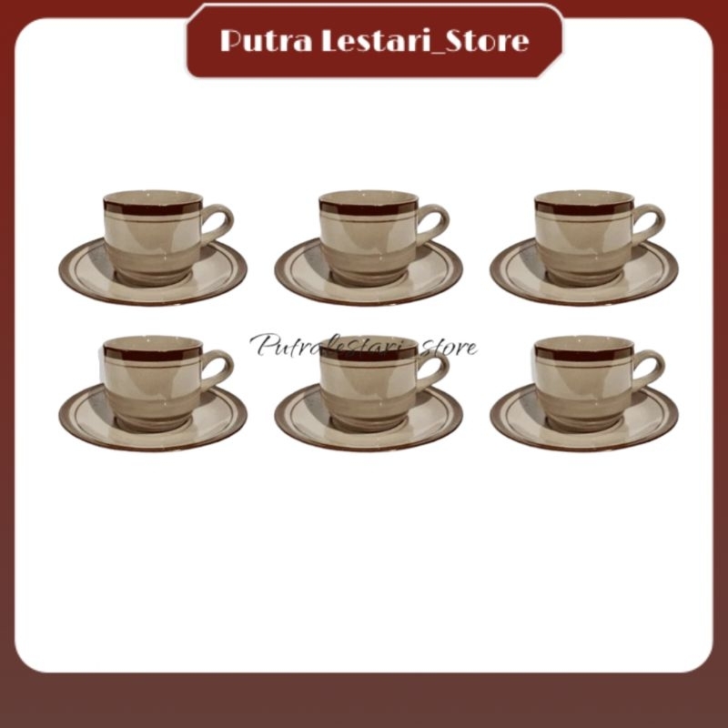 Cangkir Set Polet Coklat Keramik 6pcs / Gelas Cafe Minum Kopi Teh + Pisin