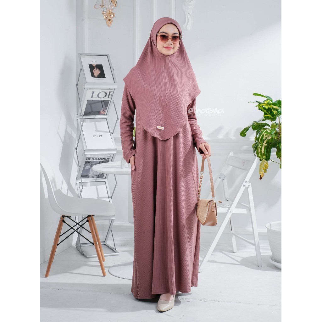 Elhasna Hijab Abaya Gamis Dress Resleting Depan Gold Button Knit Premium