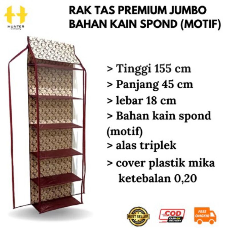 Rak Tas Gantung Premium Jumbo Motif Bahan Spond Micro (MOTIF) Alas Triplek Cover Plastik Mika Keteba