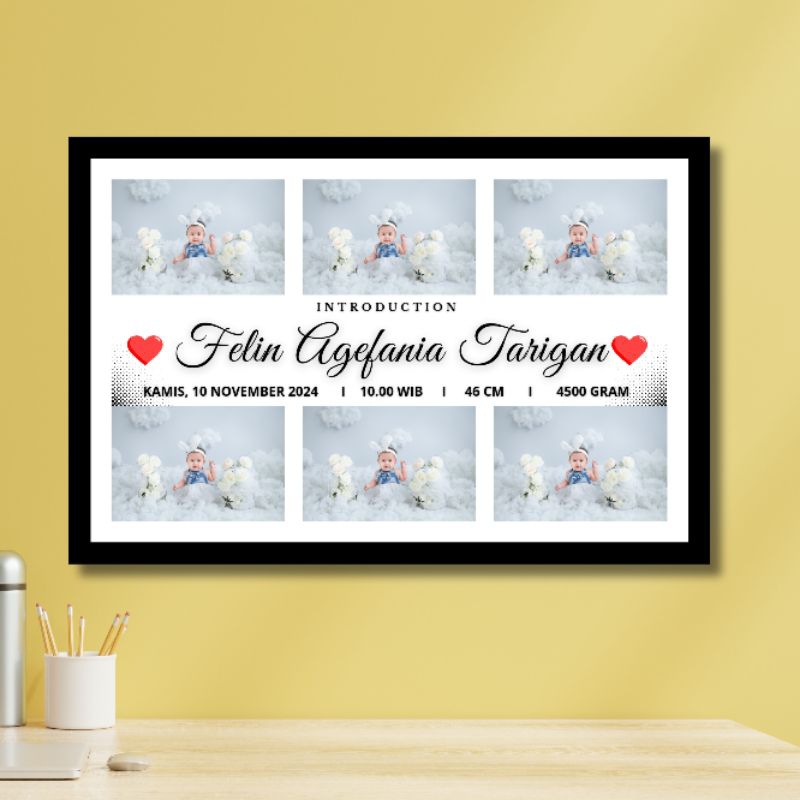 Cetak Foto + Bingkai Mdf Biodata Bayi, Biodata anak, Kado pernikahan, foto kolase