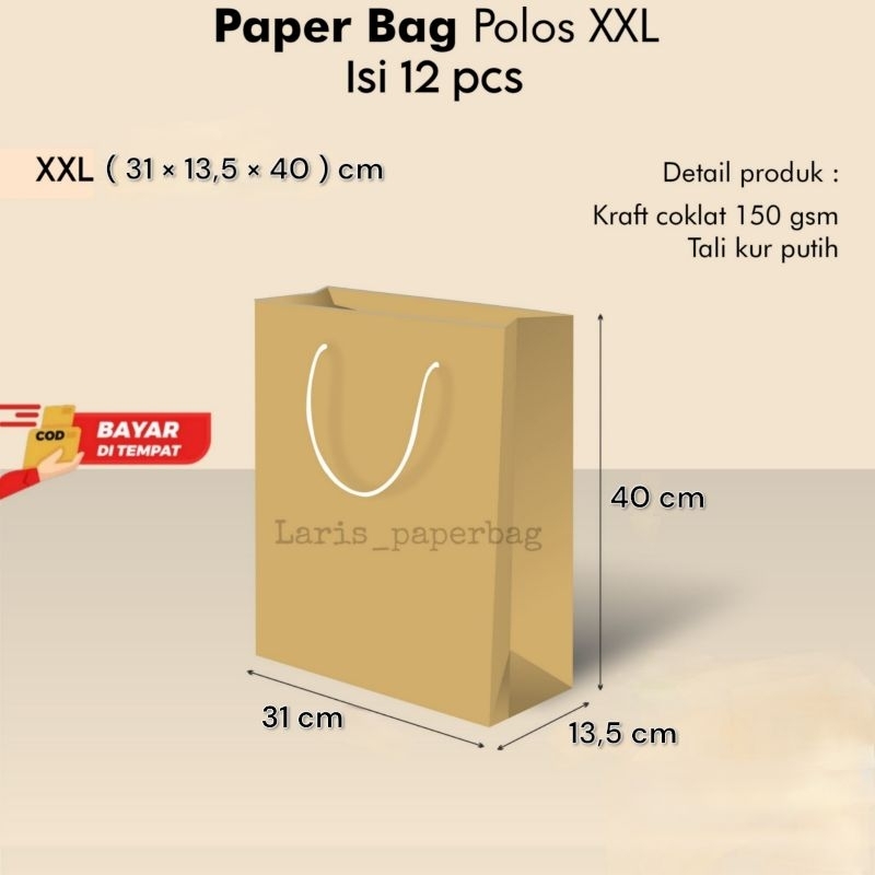 

Paper Bag Coklat Polos Extra Jumbo XXL/Lusin Ukuran 31×13,5×40 cm