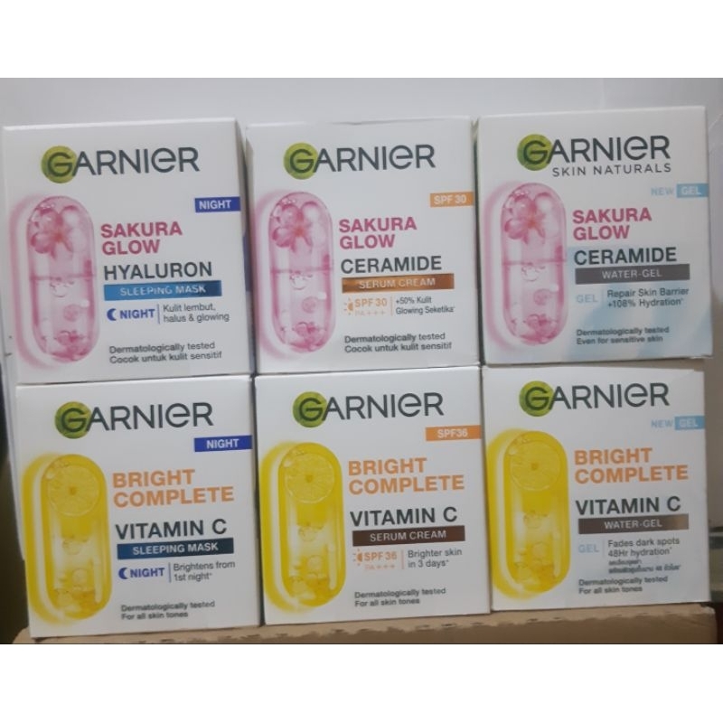 GARNIER BRIGHTCOMPLETE & Sakura Glow KRIM SIANG SPF36 50ML DAN Cream Malam 50ML ALL VARIAN Original 