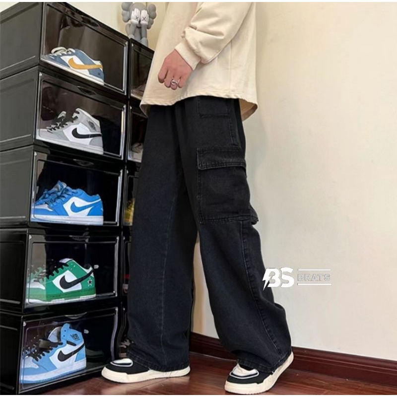 BRATS - FATIGUE CARGO JEANS PRIA STYLE GOMBRONG / LOOSE FIT JEANS / CARGO HITAM