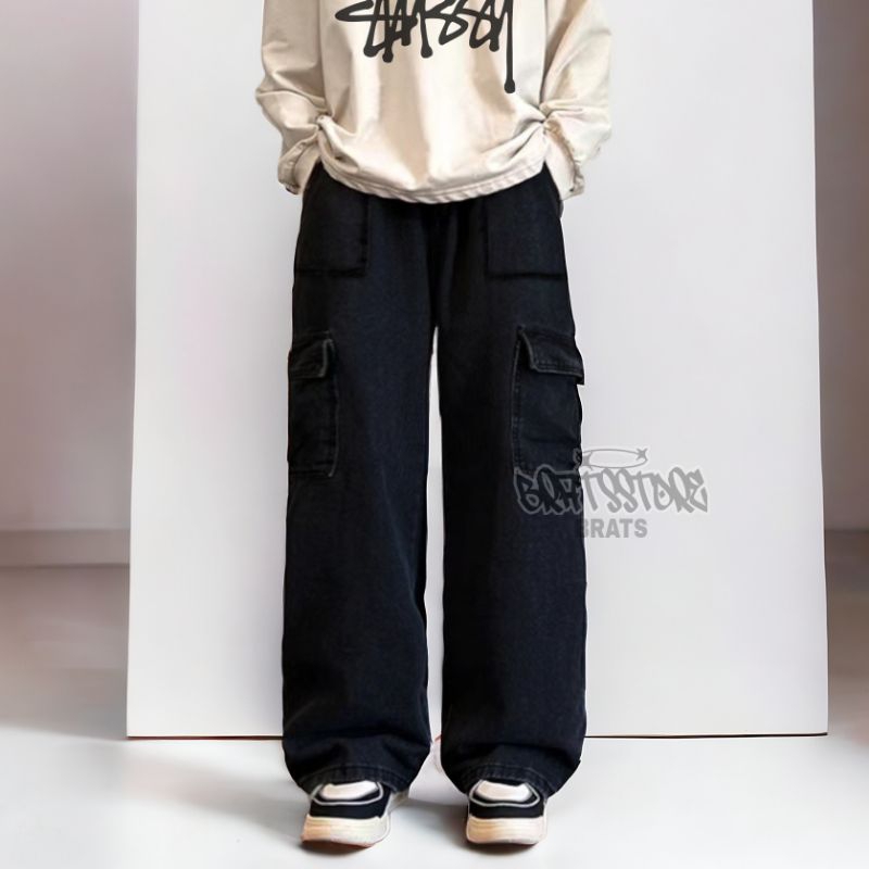 FATIGUE CARGO BLACK JEANS HIGHWAIST LOOSE FIT STREET WEAR STYLE / CARGO JEANS / CELANA CARGO PRIA..