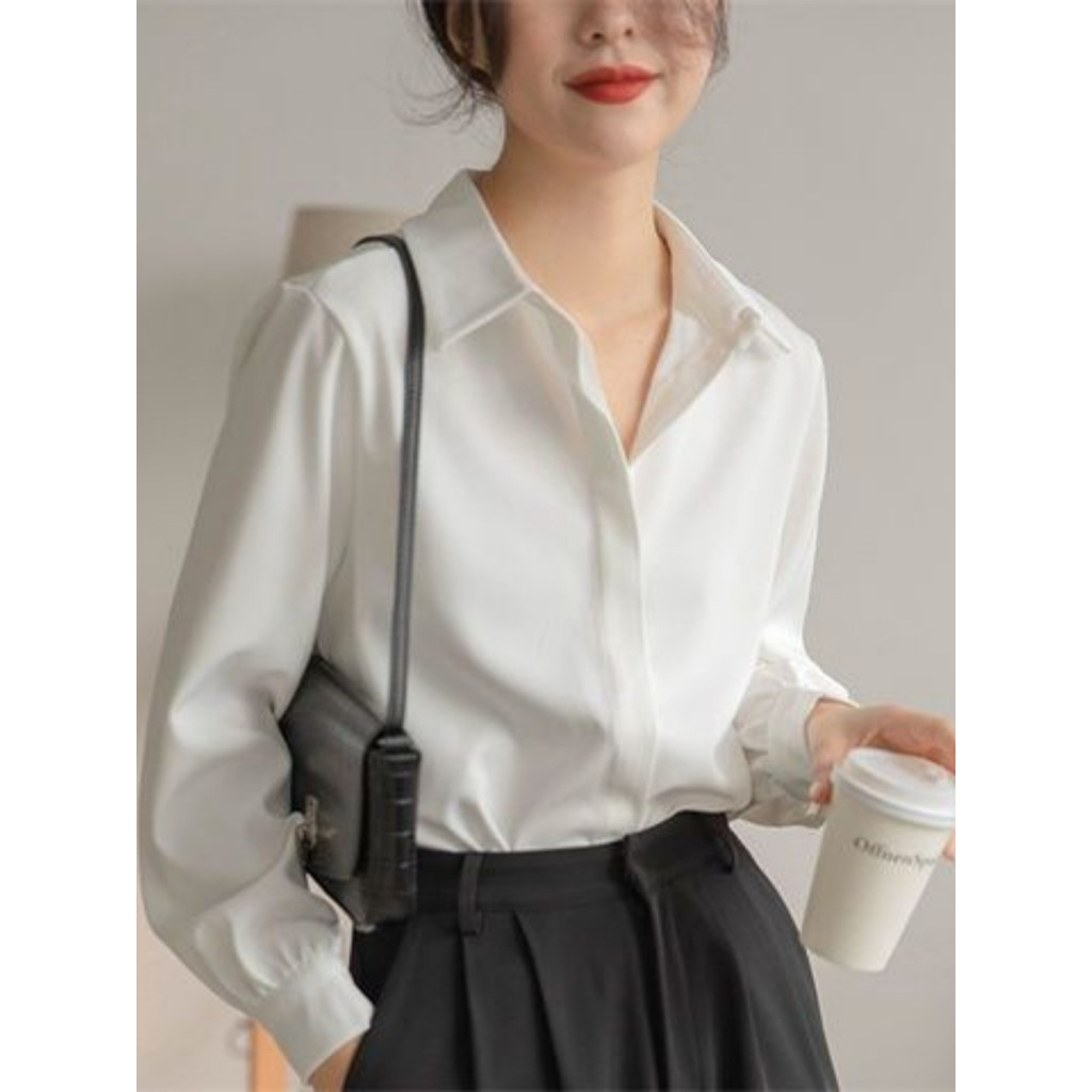 Kemeja Wanita Polos Lengan Panjang Shakila Twill Premium - Kemeja Putih Wanita Kerja HM