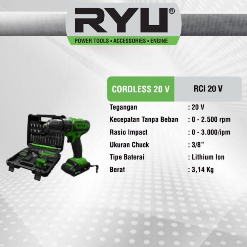 RYU Mesin Bor Baterai Cordless 20 V RYU RCI 20 V Bor Cordless RCI20V Bor Batterai Beton RYU JAPAN TE