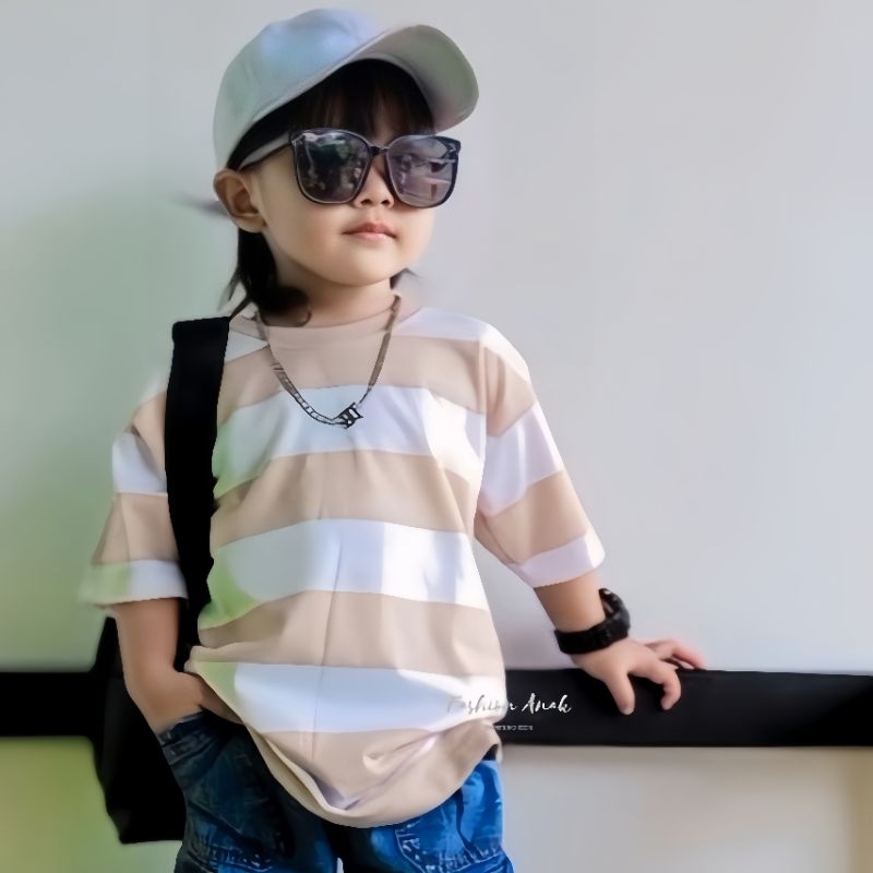 Fashion anak kaos salur premium UNISEX beige biru turkish sage
