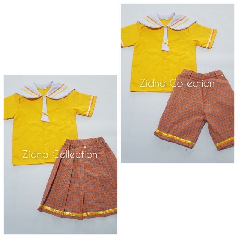 Setelan Angkatan Laut Pendek Kuning Kotak-Kotak Seragam Sekolah Playgroup TK