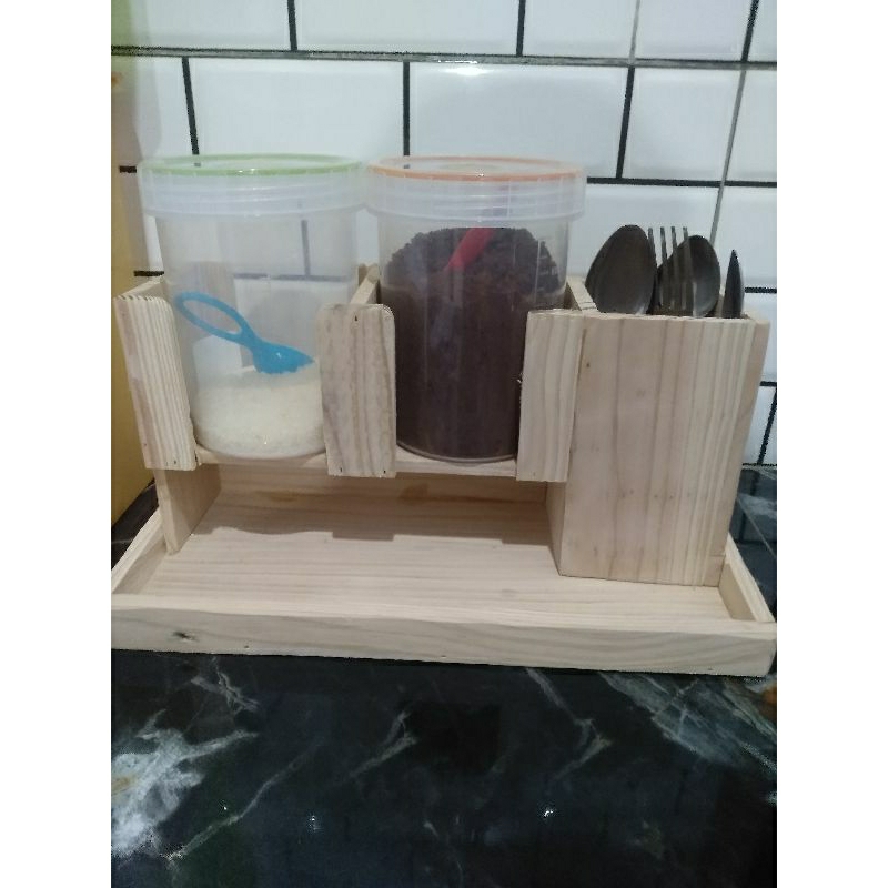 rak wadah gula kopi dan sendok estetik bahan kayu jati belanda