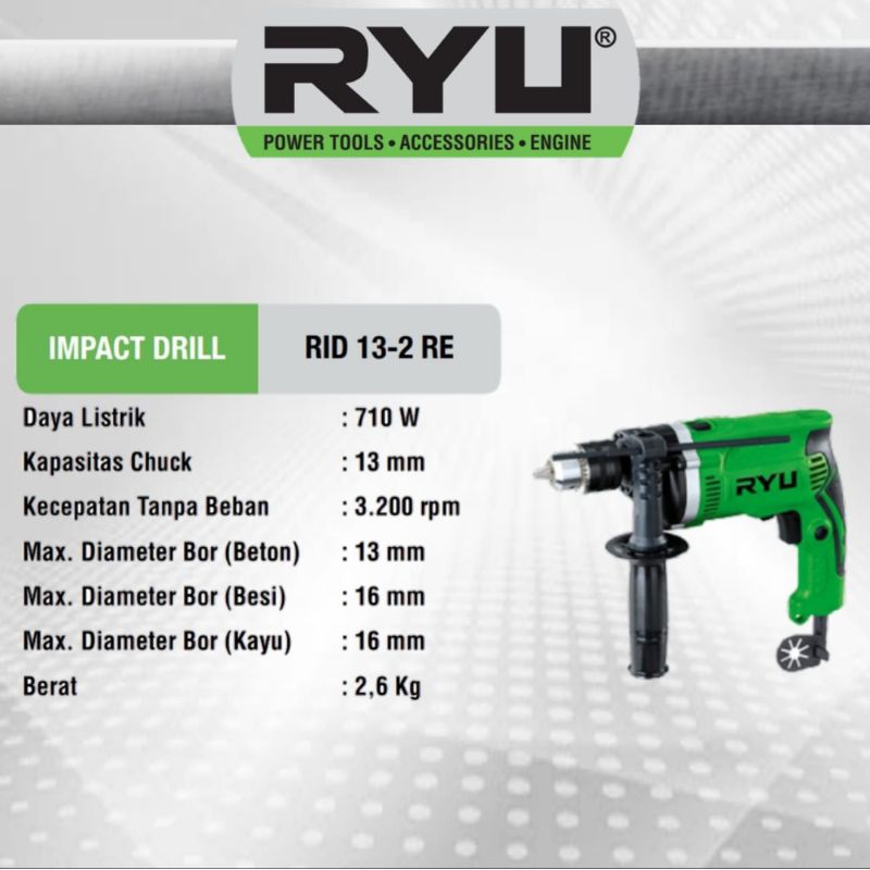 RYU Bor Beton Besi Kayu 13 MM Hammer Impact Drill RID13-2RE Mesin Bor Tembok Ryu RID 13-2 RE RID 13-