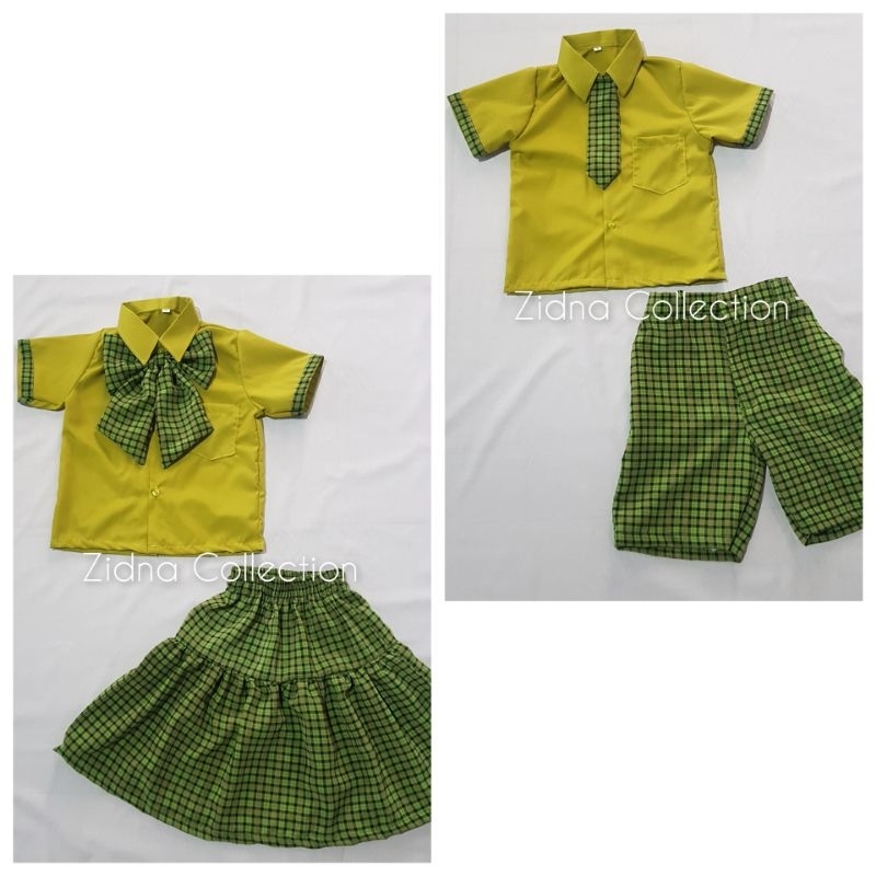 SETELAN HIJAU KOTAK-KOTAK LENGAN PENDEK SERAGAM SEKOLAH PG TK