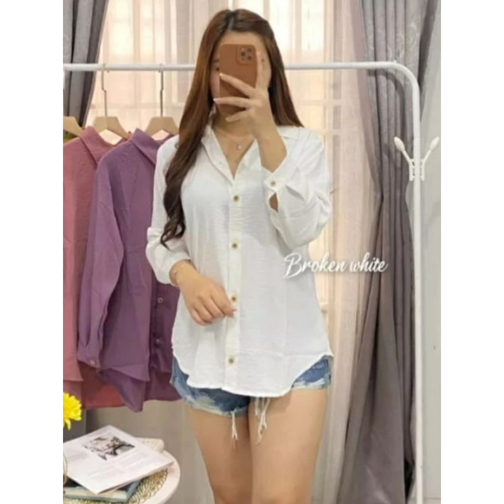 Kemeja Crinkle Airflow Premium - Kemeja Hitam Putih Wanita - Kemeja Basic Polos Terbaru