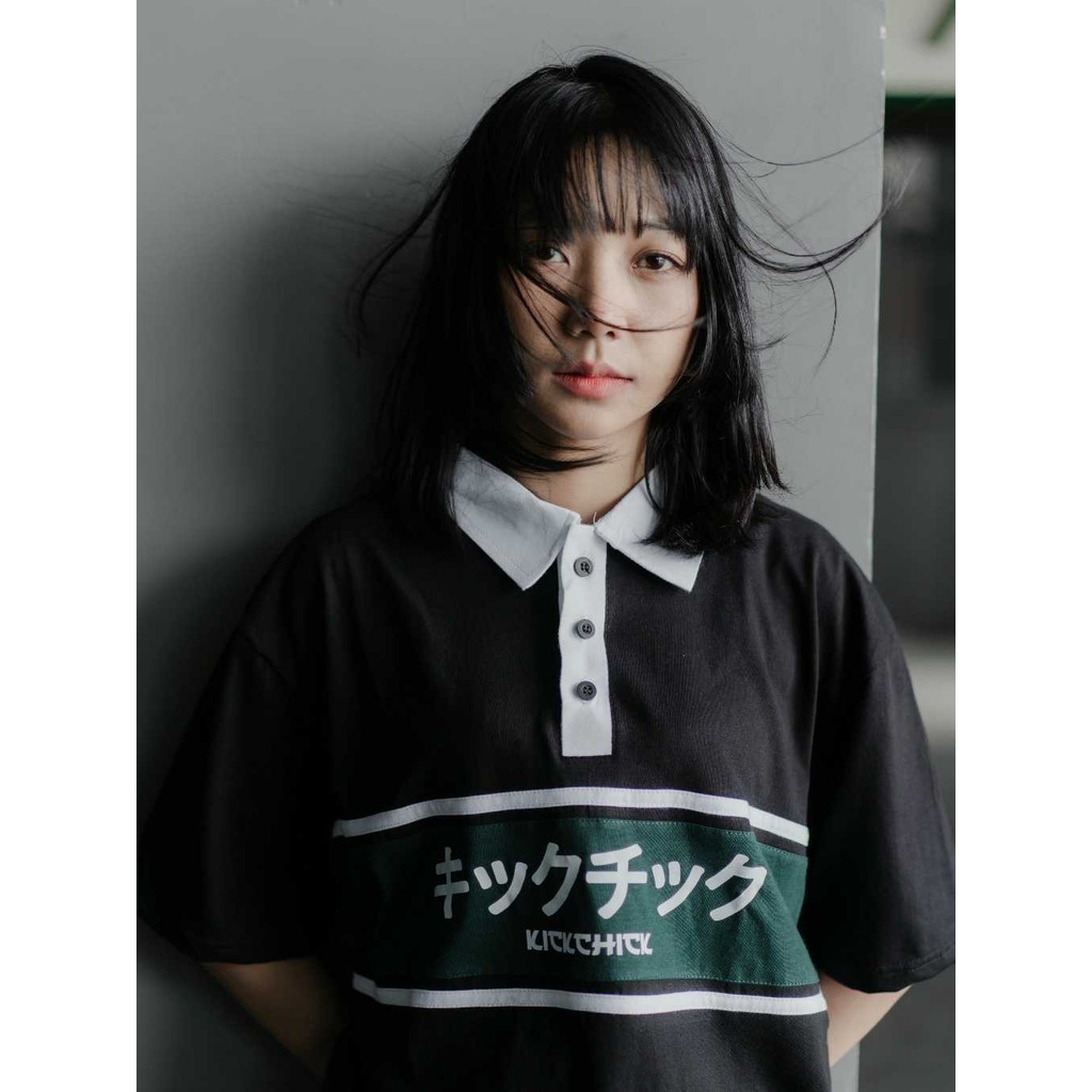 Kickchick Polo Rugby Shirt Kimono Black & Maroon | Baju berkerah | Kaos Kasual Formal | KCPS003