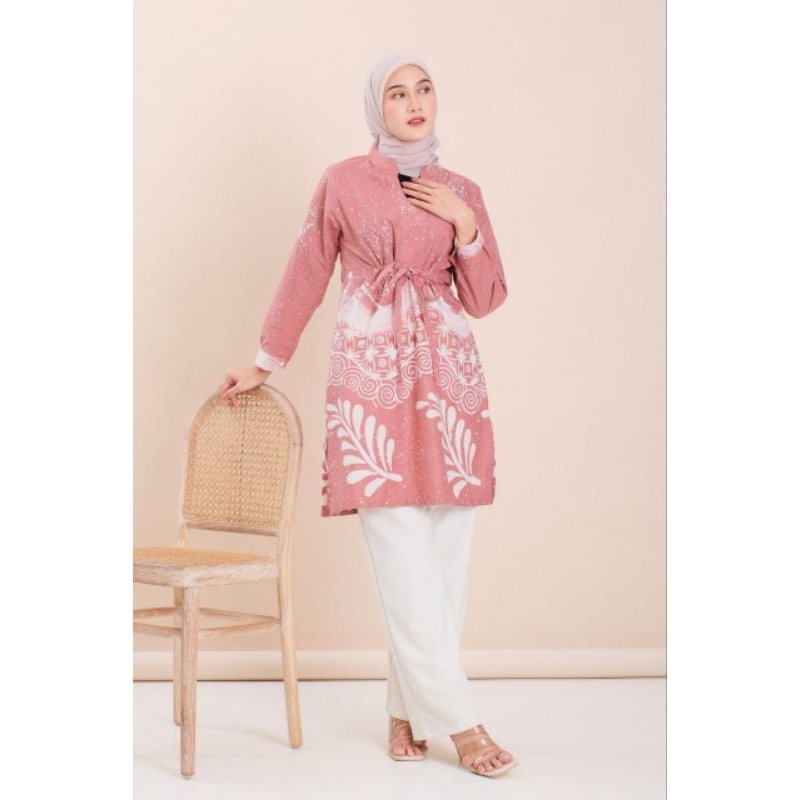 Tunik Batik Wanita Lengan Panjang Motif Abstrak Baju Kerja Kekinian Katun Premium M - XL Tunik Raisa