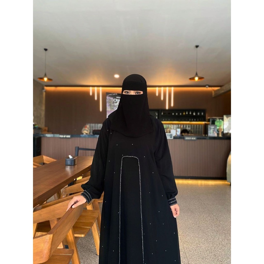 Abaya Hitam Gamis Saudi Jetblack Premium Sifon Maxy Swarovski Elegan - RUGAYYA