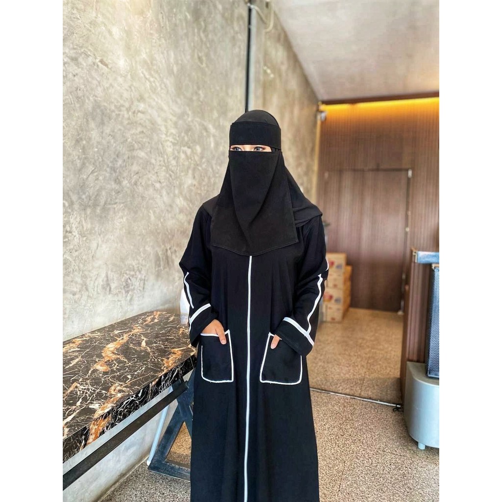 Abaya Hitam Jetblack Kombinasi List Putih Gamis Daily Simpel - ZIP SAKU