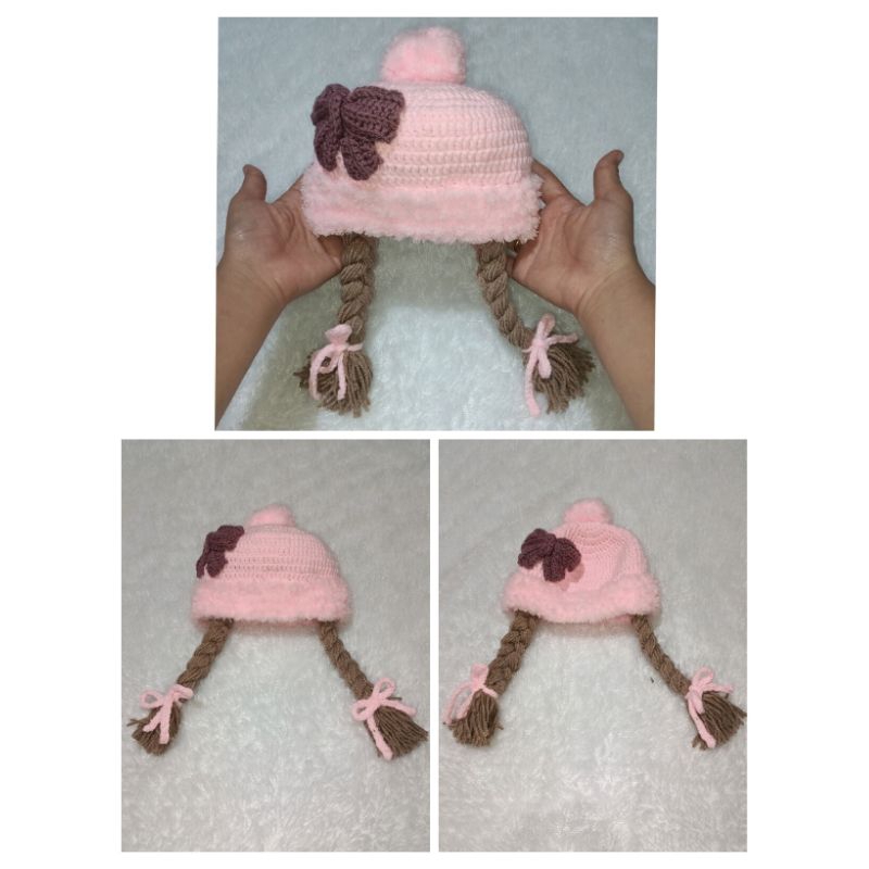 Topi Rajut Bayi Perempuan Kepang Dua