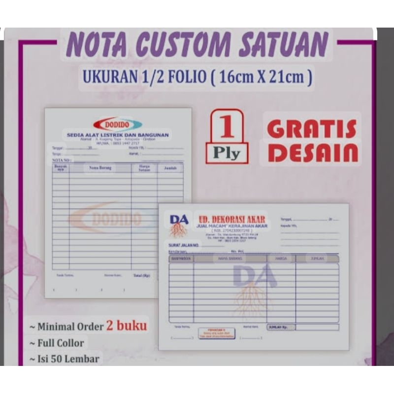

Cetak Nota Custom 2 Ply 1/2, 1/3, 1/4 Folio