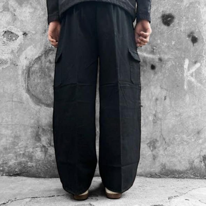 TAN CARGO JEANS HITAM PEKAT GOMBRONG LOOSE FIT / CELANA CARGO PANJANG PRIA