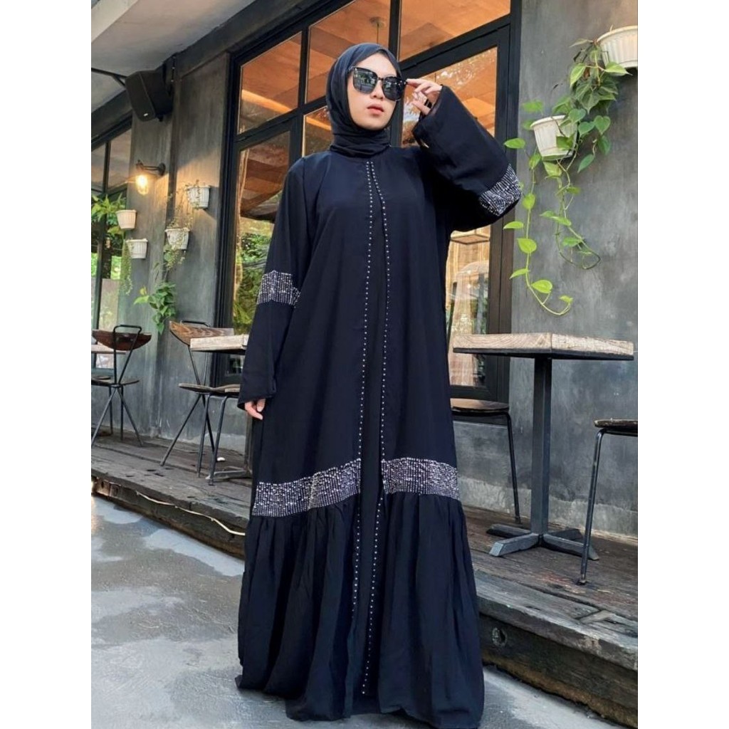 Abaya Hitam Gamis Saudi Jetblack Premium Sifon Maxy Swarovski Mewah Elegan - RANIA