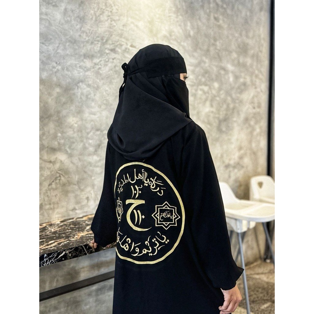 Abaya Saudi Hitam Jetblack Kombinasi Bordir Kaligrafi Gamis Majlis Simpel - TARIM