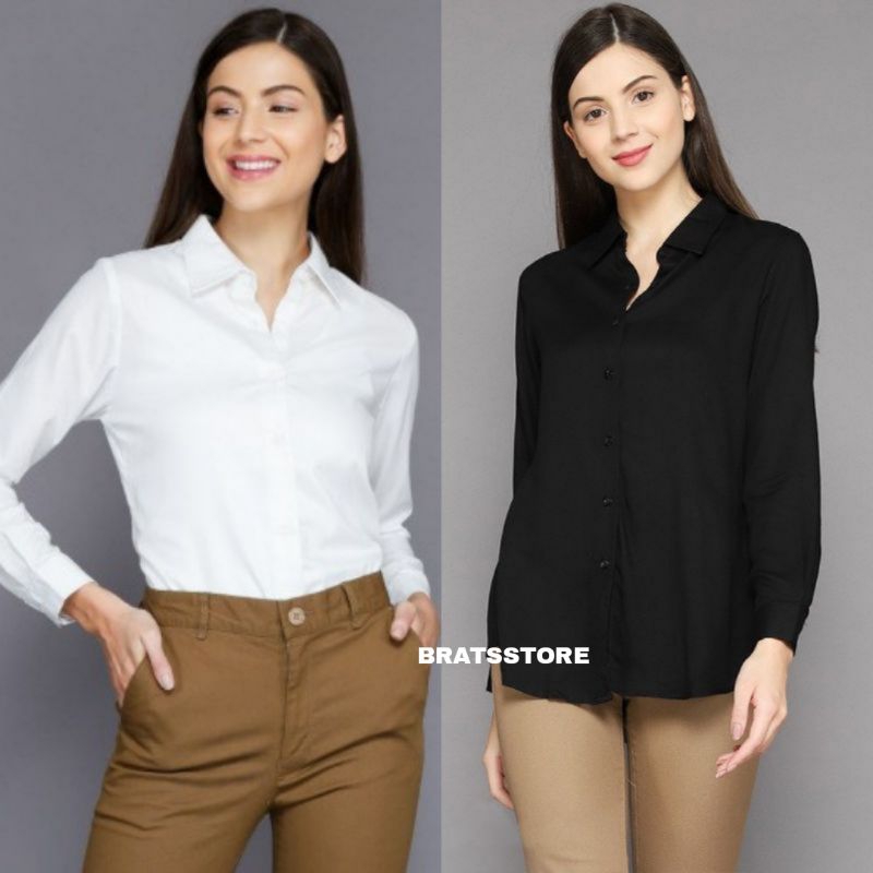 KEMEJA POLOS WANITA RAYON TWILL HITAM PUTIH