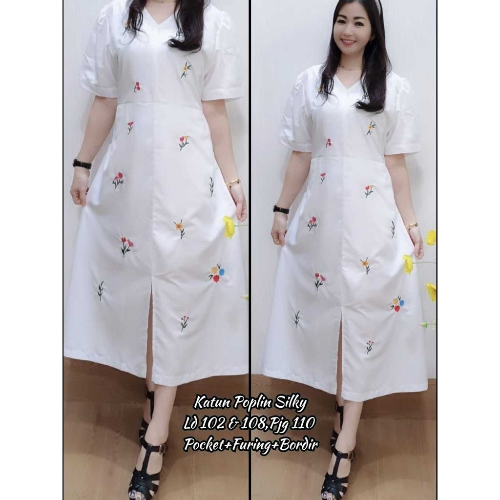 JESS Dress Wanita - Dress Putih - Dress Katun - Midi Dress Bordir