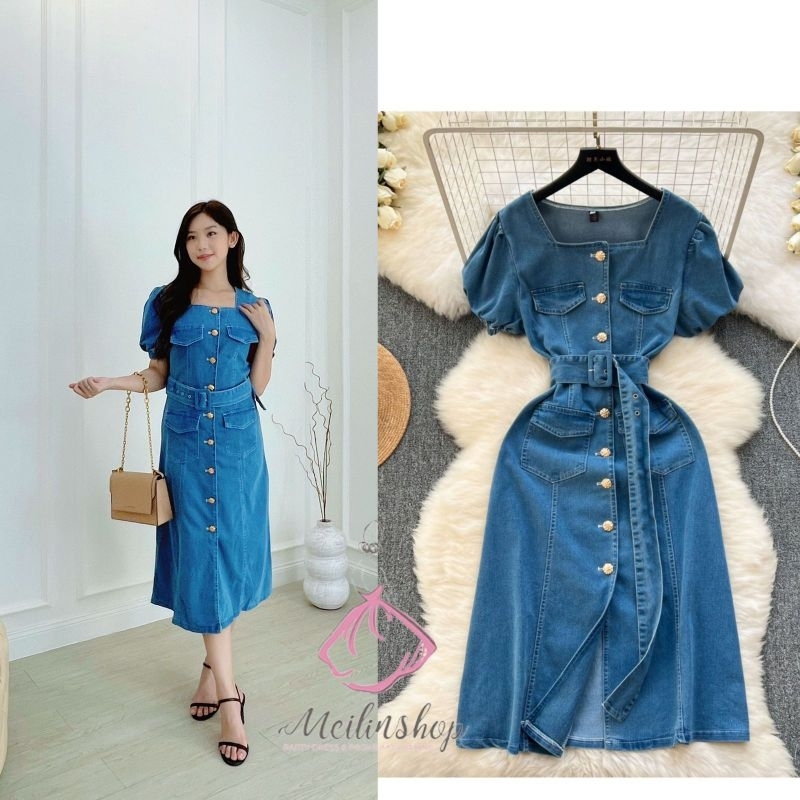 Denim Button Midi Dress Party dress / gereja natal/ kondangan/ dress remaja