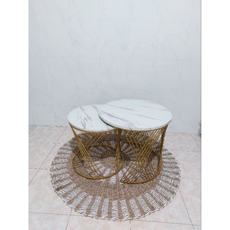 meja besi top HPL putih marmer (silang)