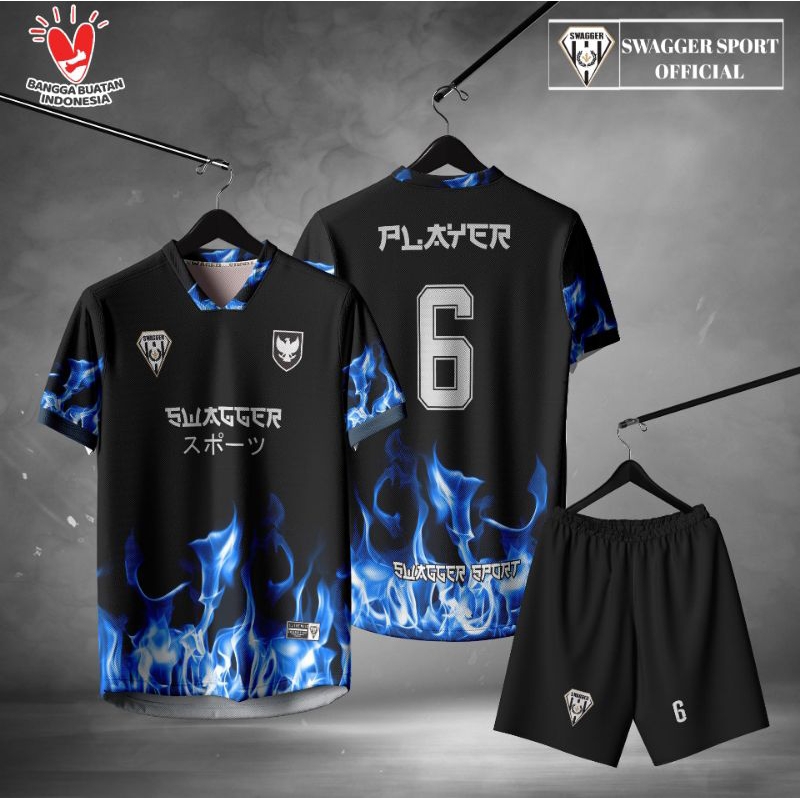 Swagger Jersey Futsal Custom Full Printing Motif Blame Blue Fire Free Nameset