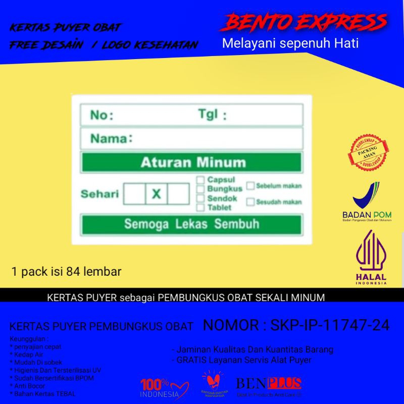 

kertas stiker obat warna hijau isi 84 pcs