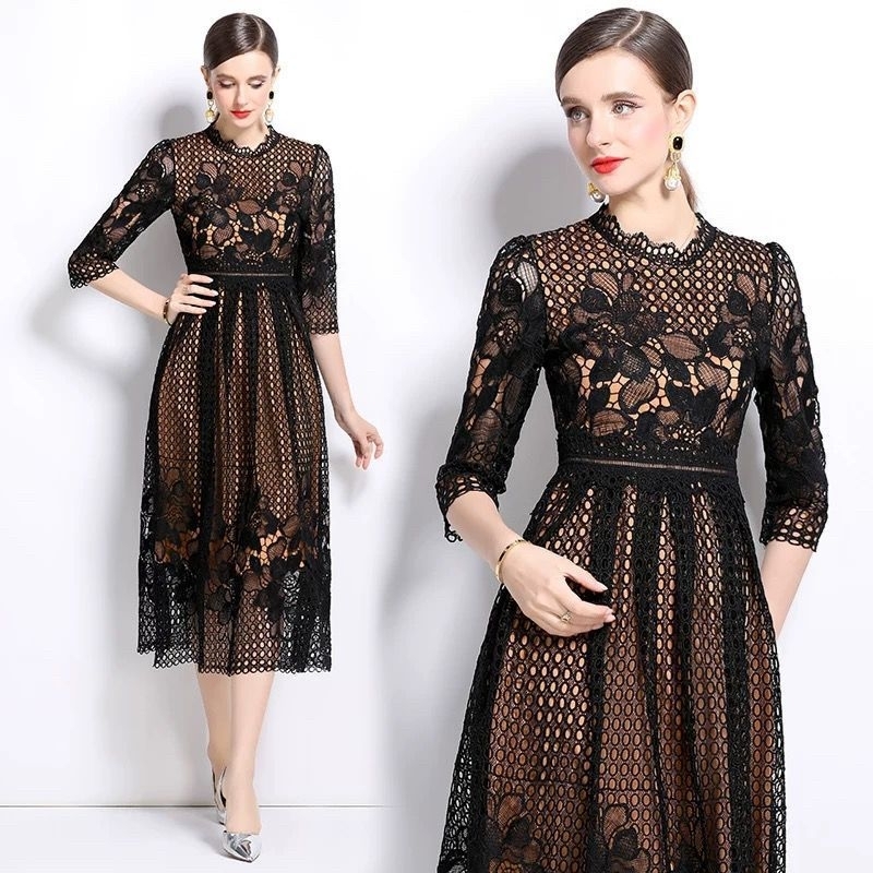Lace Flower Brocade Midi Sleeve Dress Hitam/Putih Kondangan/Gereja/Party Dress brokat Korean style
