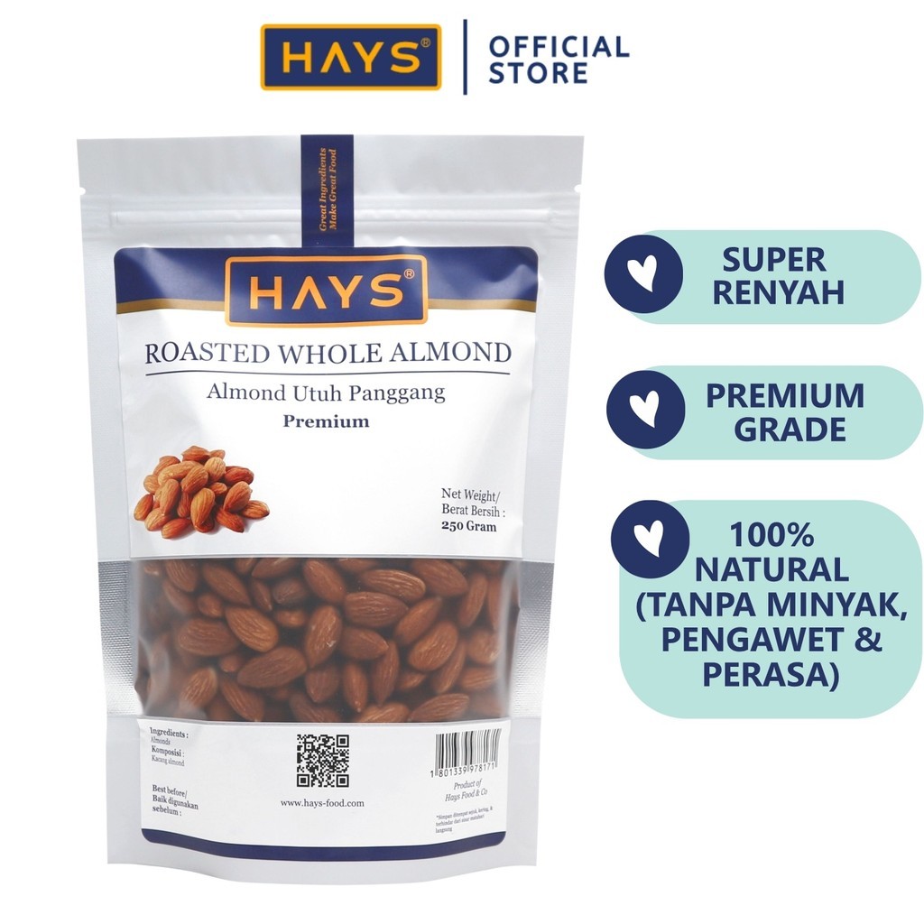 

Bisa Cod Almond Panggang Utuh 25 GRAM Roasted Almond Whole 25 GRAM HAYS