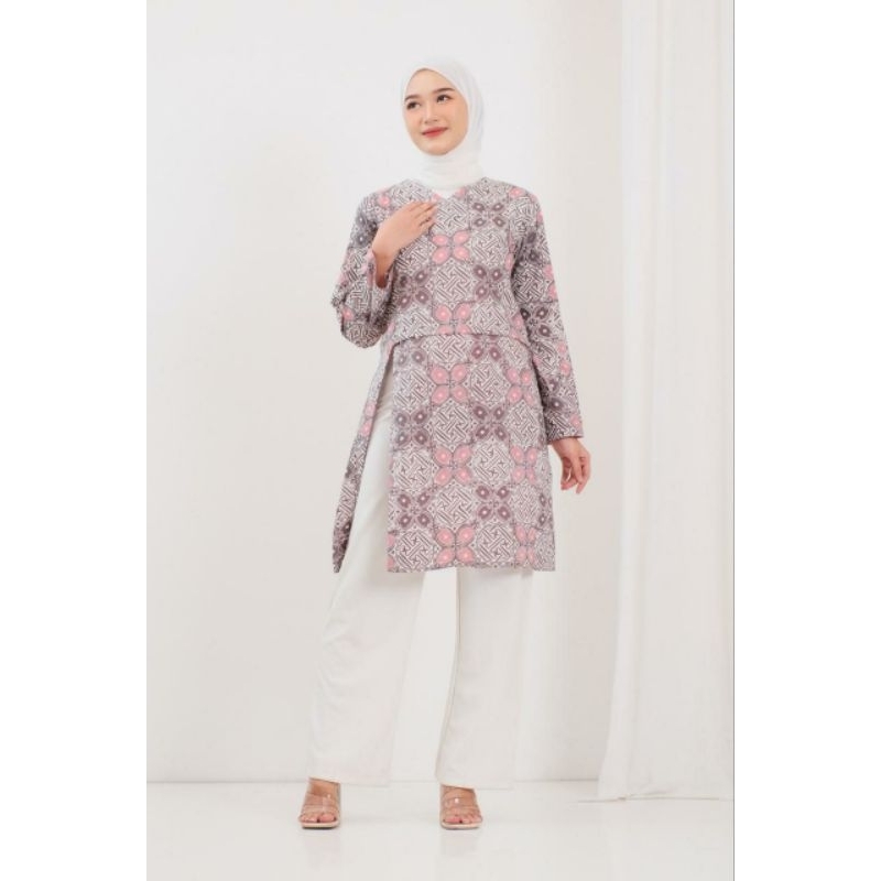 Tunik Batik Wanita Lengan Panjang Motif Bunga Baju Kerja Kekinian Katun Premium Tunik Najwa House of