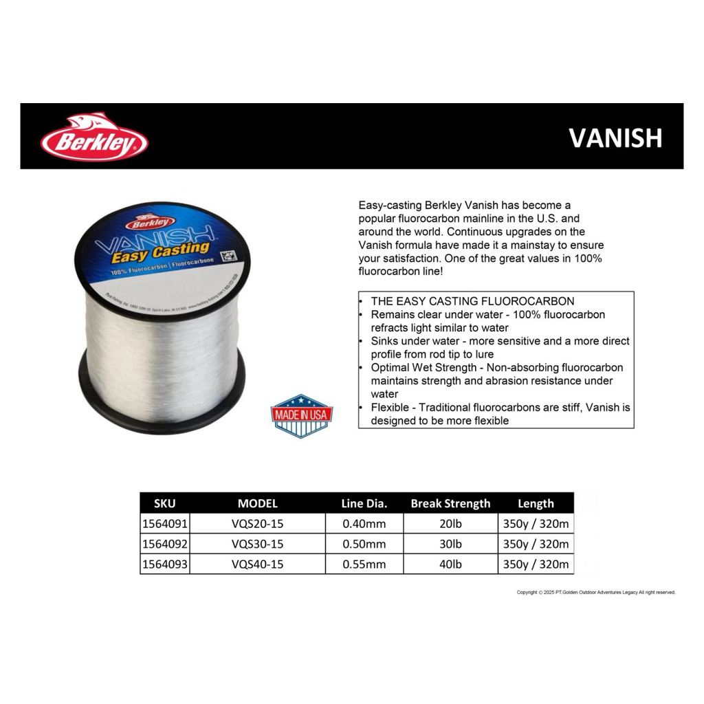 Berkley Vanish Fluorocarbon 350 Yd Easy Casting Senar Pancing FC Original USA Super Kuat 20lb 30lb 4