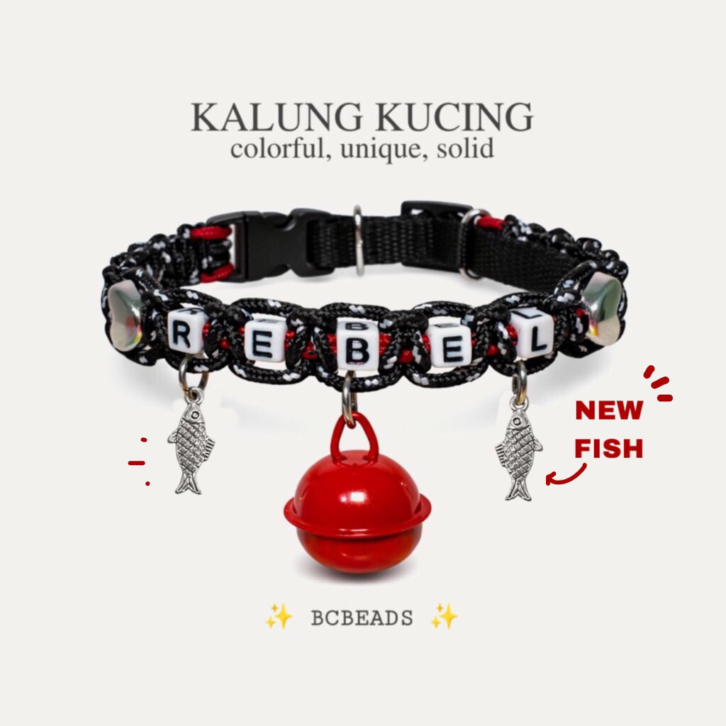 NONGFUU | Kalung Kucing Tali Prusik Hitam Merah bisa Custom Nama dengan Lonceng Merah Besar untuk Ku