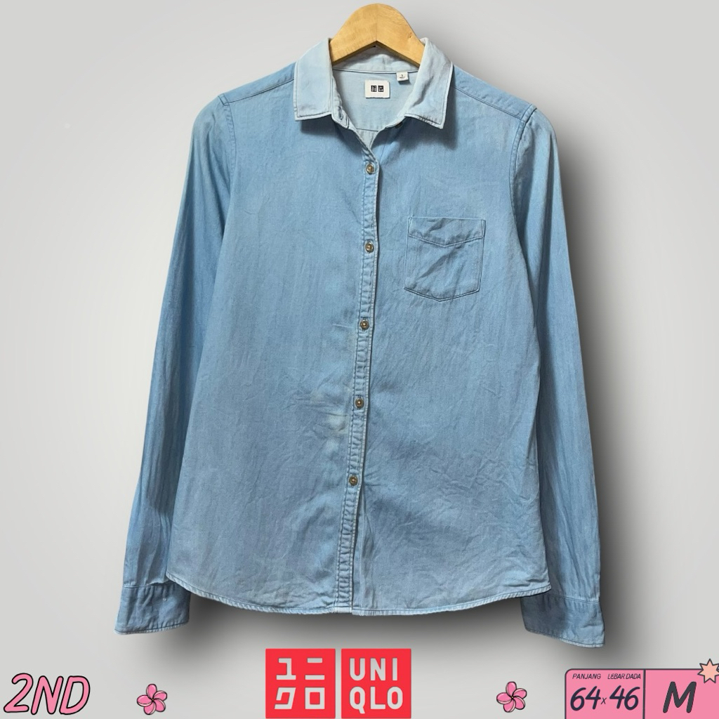Kemeja Polos Wanita Uniqlo Biru Jeans Size M (65x46)cm