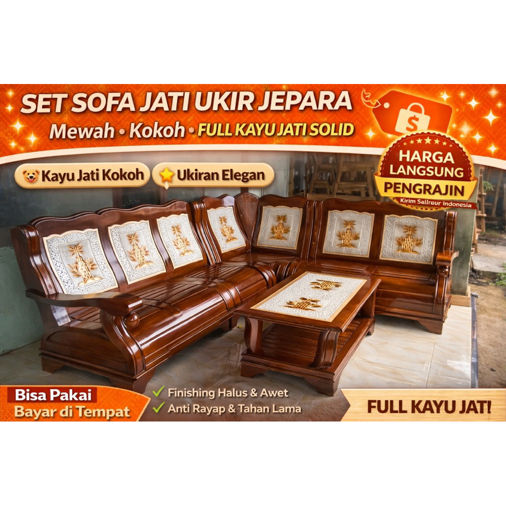 Kursi Tamu Gajah Kayu Jati Ukir Klasik Set 221 Meja Minimalis Mewah Jepara