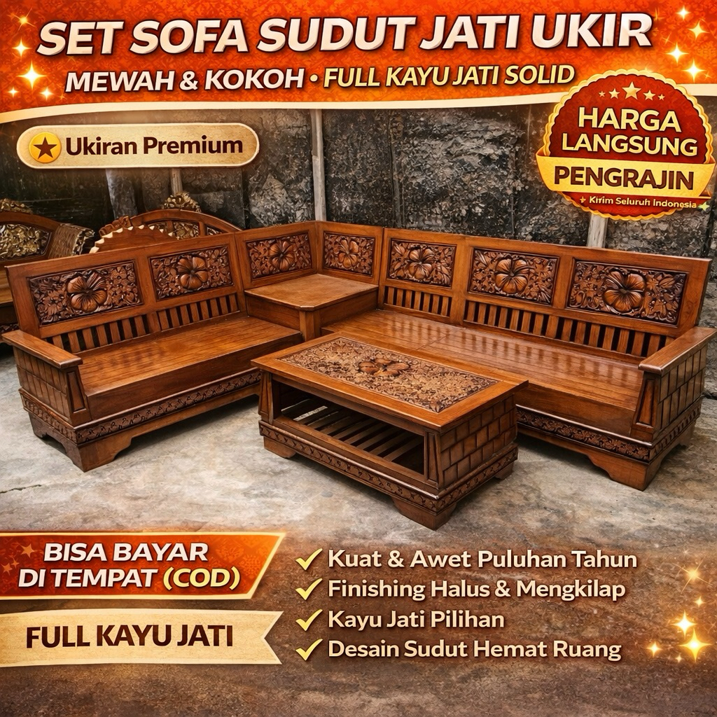 Kursi Tamu Sudut Piramid  Kayu Jati Ukir Klasik Set L Meja Minimalis Mewah Jepara