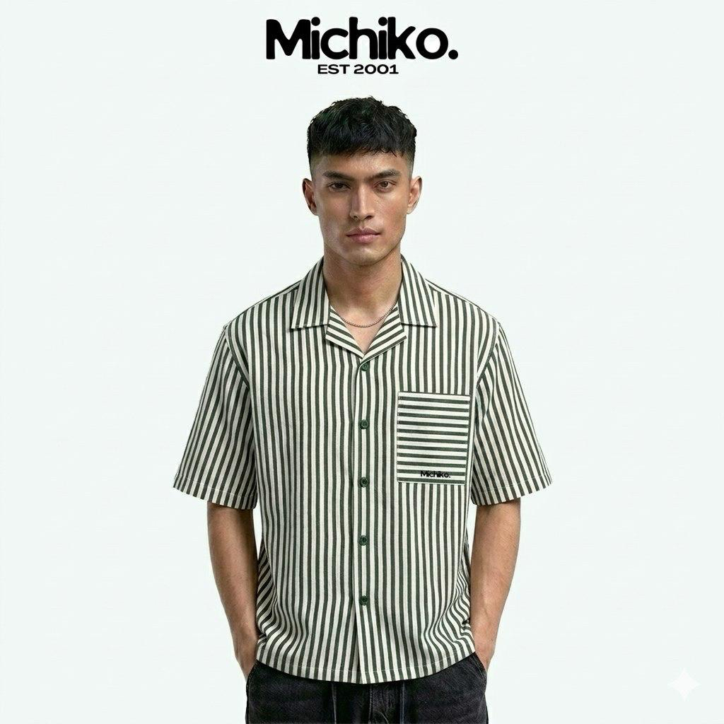 MICHIKO - Kemeja Pria Salur Lengan Pendek Oversize Korean Style Casual