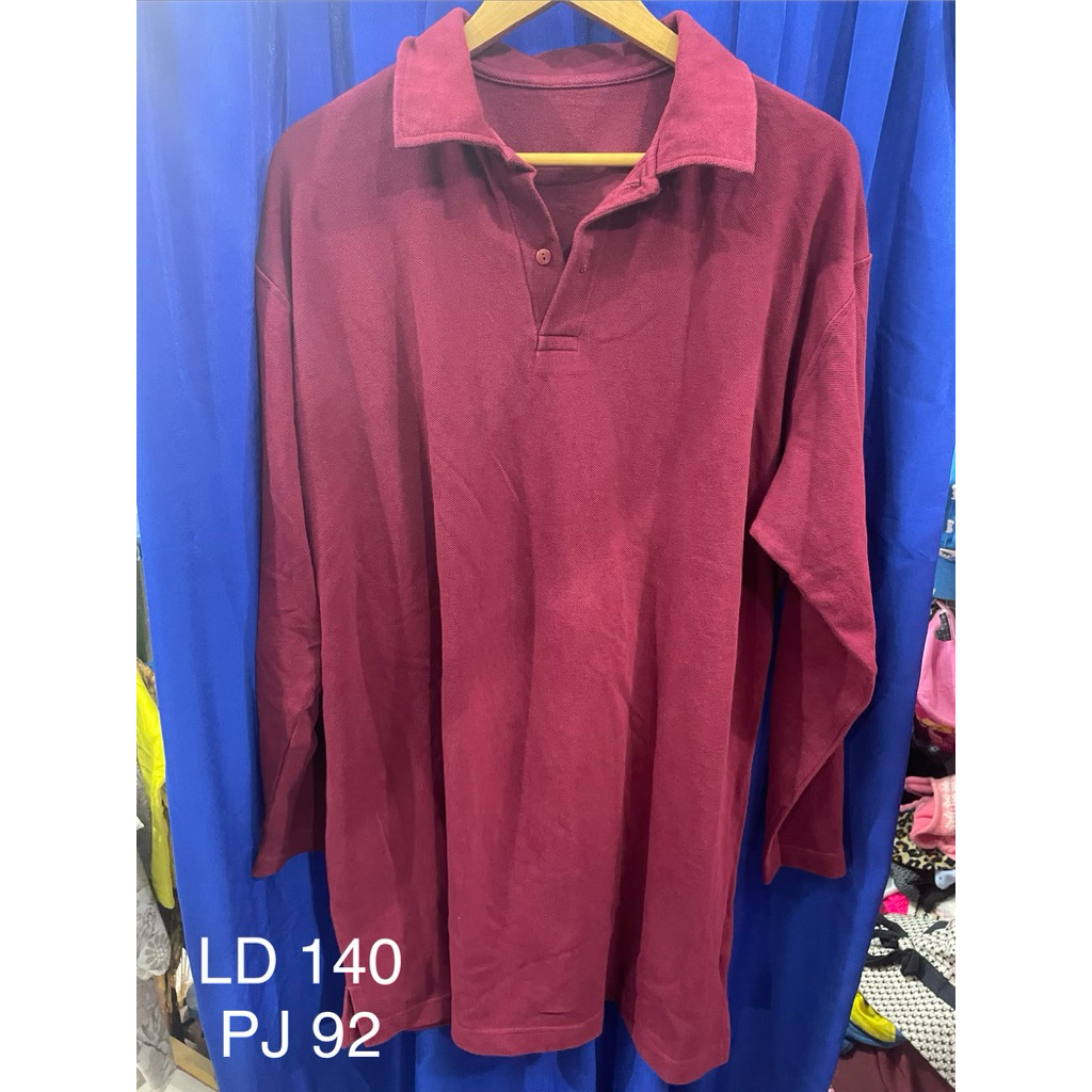 PL baju kaos oversize pria warna merah maroon berkerah motif polos size 3XL (LD 140 PJ 92)