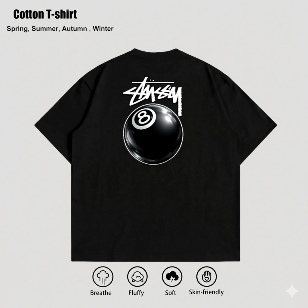 Kaos Distro Branded Stus*sy 8 Ball T-shirt Hitam Keren Unisex Cotton Comded 24s Premium